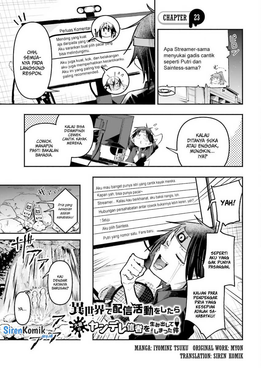 Manga Isekai de Haishin Katsudou wo Shitara Tairyou no Yandere Shinja wo Umidashite Shimatta Ken Chapter 23 gambar 2